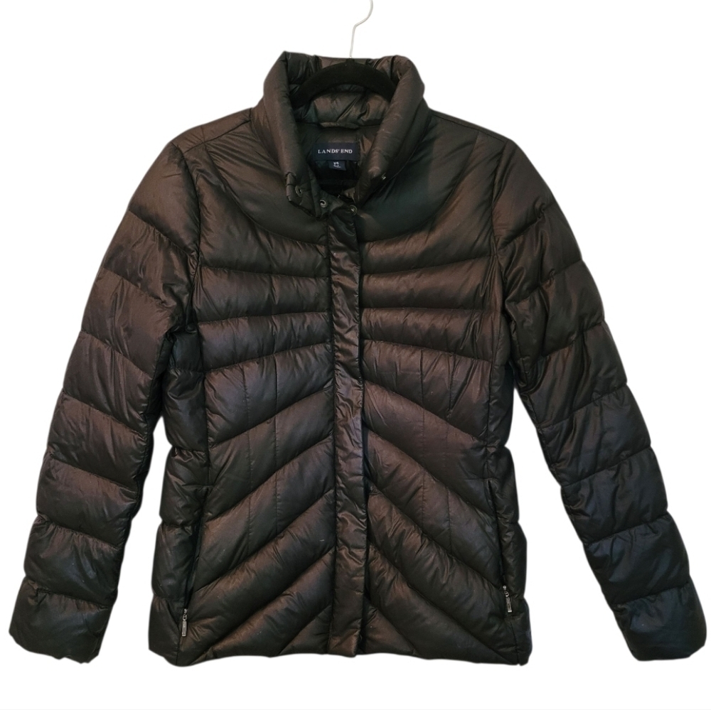 Lands End Black Goose Down Filled Puffer Lightweight Jacket Coat Wmn XS 2/4